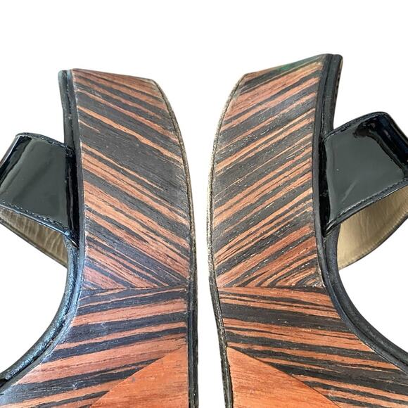 Jimmy Choo Black Leather Brown Wooden Heel Wedge Slingback Sandals size 40 9.5 - Picture 8 of 9